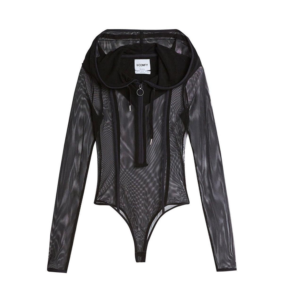 black mesh hooded bodysuit