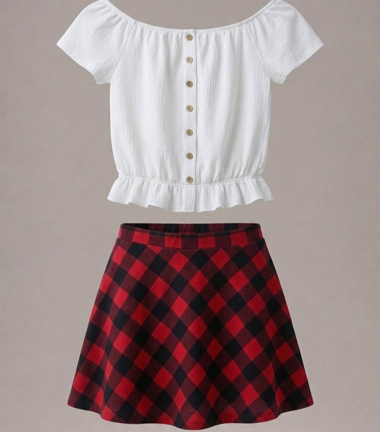 White Tee-Plaid Skirt