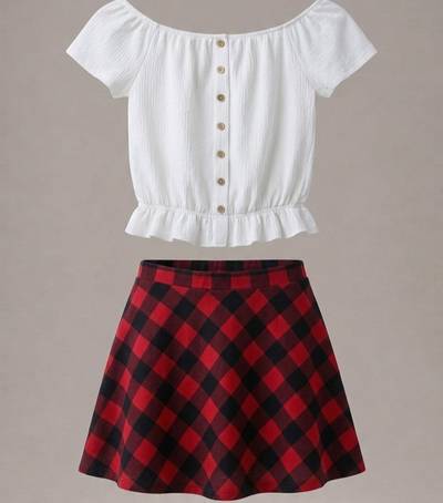 White Tee-Plaid Skirt