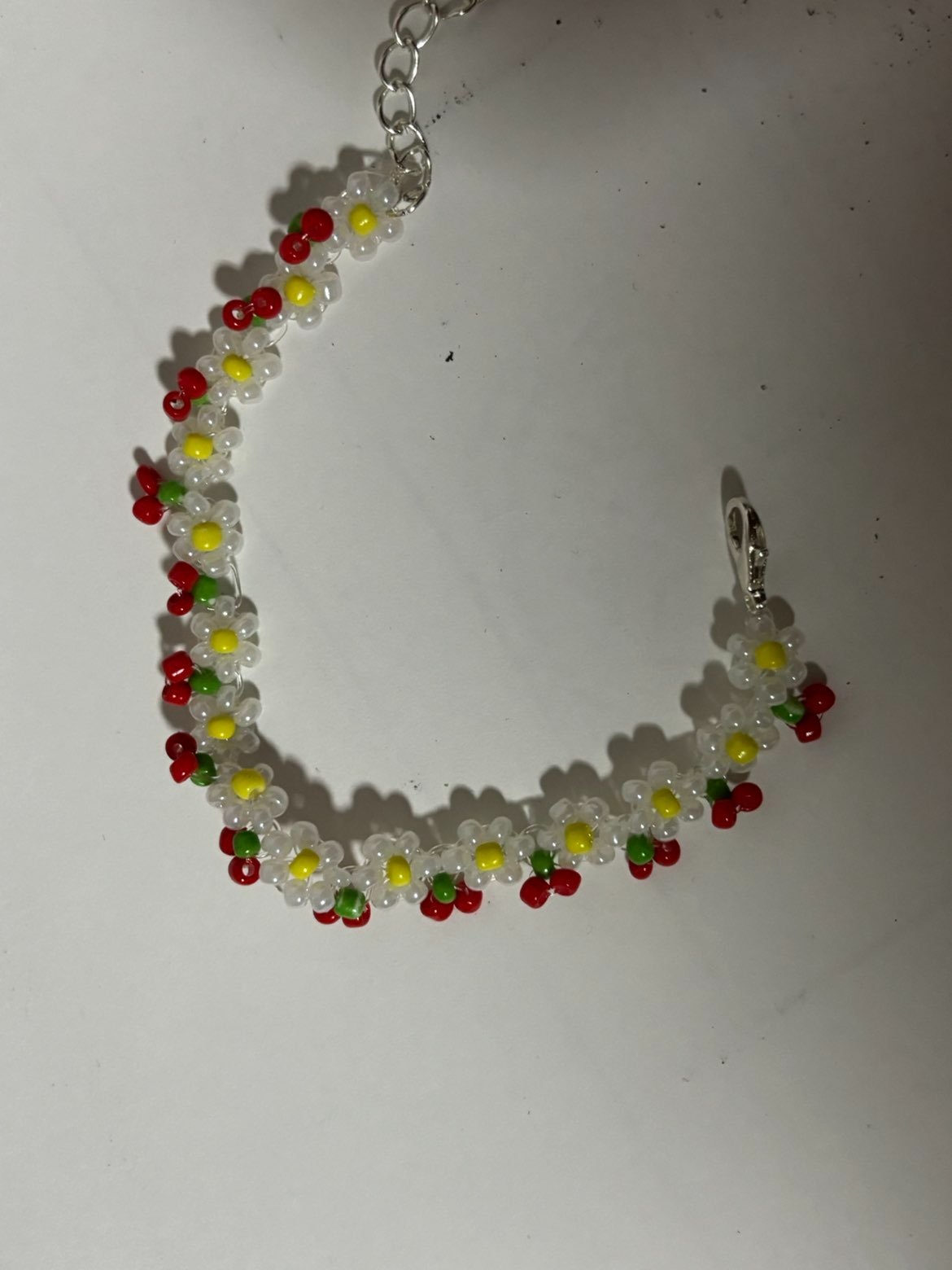 Beaded Cherry & White Flower Bracelet
