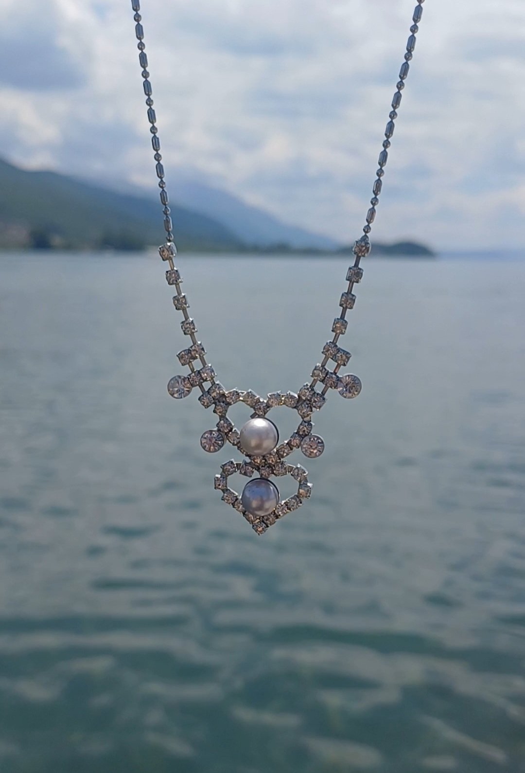 Double Heart Pearl and Rhinestone Statement Necklace