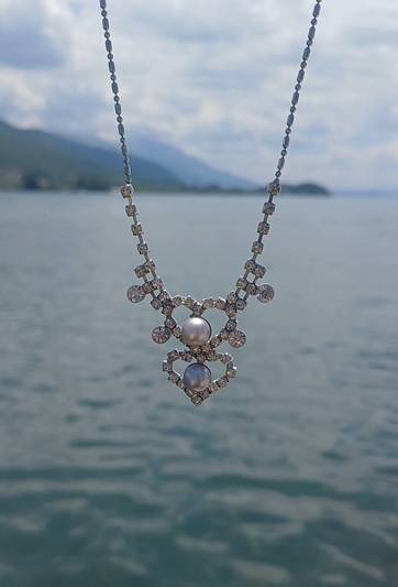 Double Heart Pearl and Rhinestone Statement Necklace